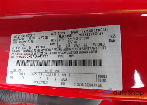 2024 Ford Escape Active z USA, uszkodzony, nr VIN 1FMCU0GN3RUA63730